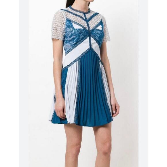 Self Portrait Lace Panel Pleated Blue Mini Dress size 4 CL - Picture 2 of 7